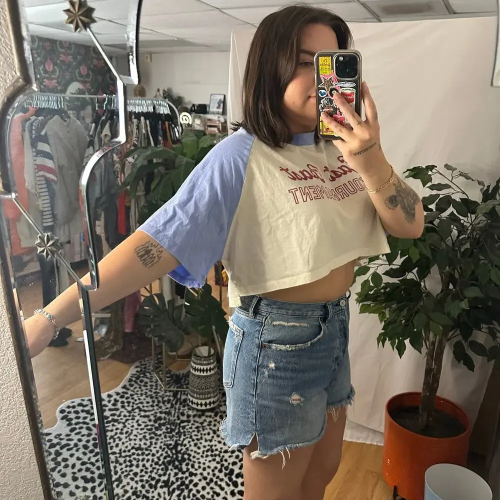 Daily Practice Anthropologie Cropped Baseball Tee Blue White Size XS - Picture 3 of 5